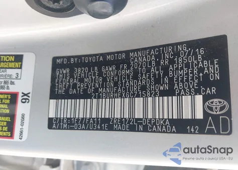 2016 Toyota Corolla L from USA, damaged, VIN 2T1BURHEXGC715823